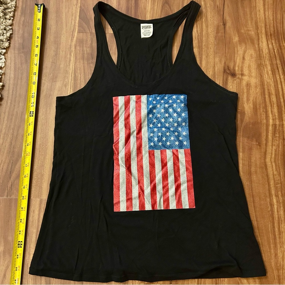 PINK Victoria's Secret Black Tank with Red, White & Blue Flag Graphic